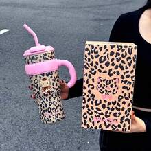 1个1100毫升豹纹保温杯，不锈钢真空保温旅行杯，带茶漏、手柄和吸管，大容量 - 彩色 - 查看 9