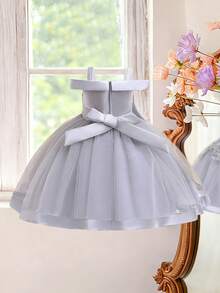 无袖花朵蝴蝶结网纱优雅连衣裙，适合女孩，适合生日派对，不含头饰 - 灰色 - 查看 3