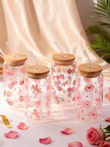 1pc 16oz Transparent Coffee Cup, Made Of High Borosilicate Glass With Cartoon Star, Moon, Heart, Angel Eye Design, Comes With Bamboo Lid And Straw, Large Capacity Outdoor Travel Beverage/Juice Cup, Suitable For Autumn And Winter, Valentine's Day Birthday/Holiday Party Gift, Christmas Gift Glass Water Bottle