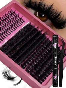 HINARIN 237片装D型卷翘假睫毛套装，带睫毛尖，DIY睫毛嫁接，纤长假睫毛簇，12-20mm，含14-20mm睫毛尖，单根假睫毛DIY嫁接套装，含粘合剂和封口镊子 - 黑色 - 查看 2