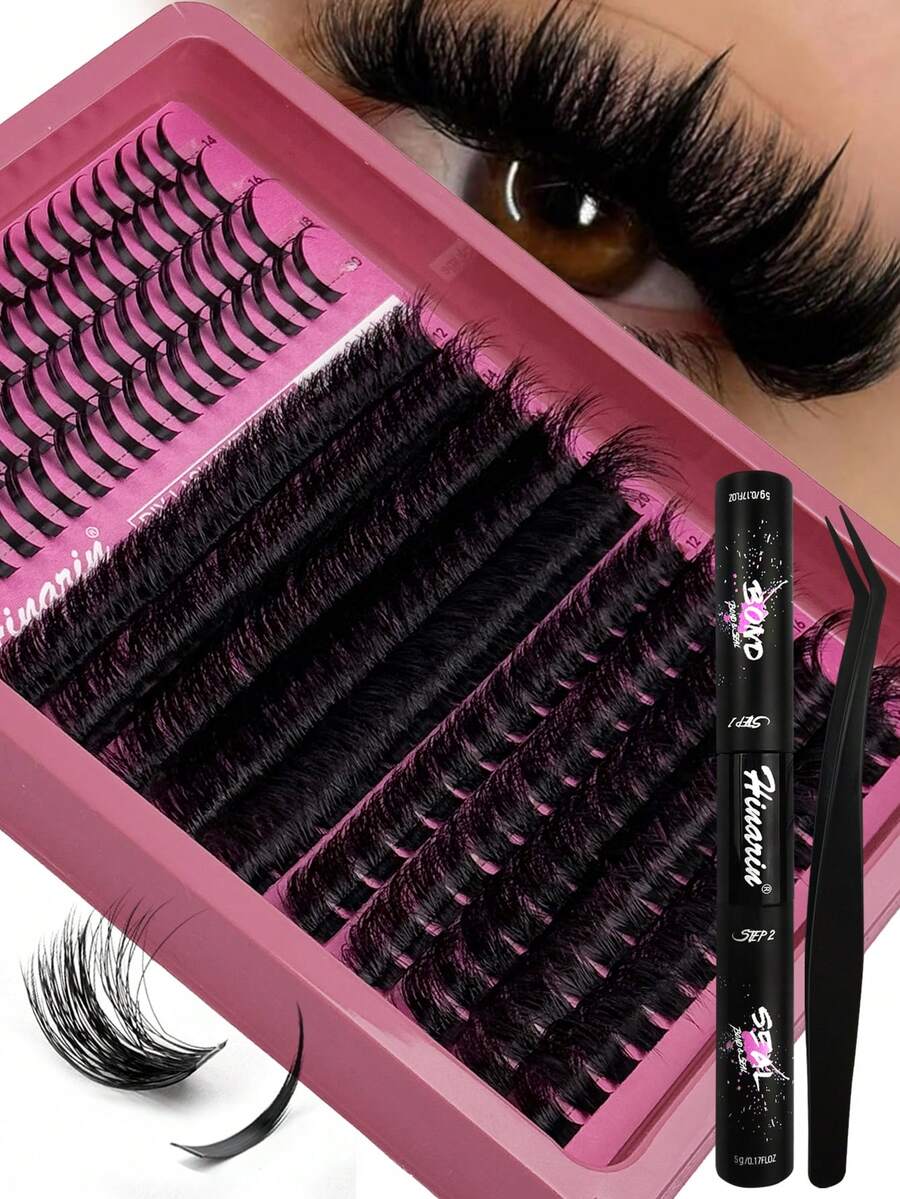 HINARIN 237片装D型卷翘假睫毛套装，带睫毛尖，DIY睫毛嫁接，纤长假睫毛簇，12-20mm，含14-20mm睫毛尖，单根假睫毛DIY嫁接套装，含粘合剂和封口镊子