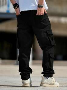 Men's Retro Flared Jeans, Slim Fit Multi-Pocket Rugged Cargo Pants, Fashionable - Black - View 3