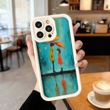 Cubierta de telefono con borde negro y diseño artístico de pareja bajo paraguas en lluvia color azul turquesa para uso diario en cafeterías y espacios urbanos Aplicable a los teléfonos de la serie Apple y Galaxy - Negro - Ver 3