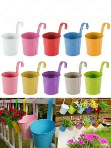 Hanging Flower Pot, Metal Iron Art Mini Planter Fence Bucket Flower Pot Holder For Balcony Garden Plant, Suitable For Home Decor