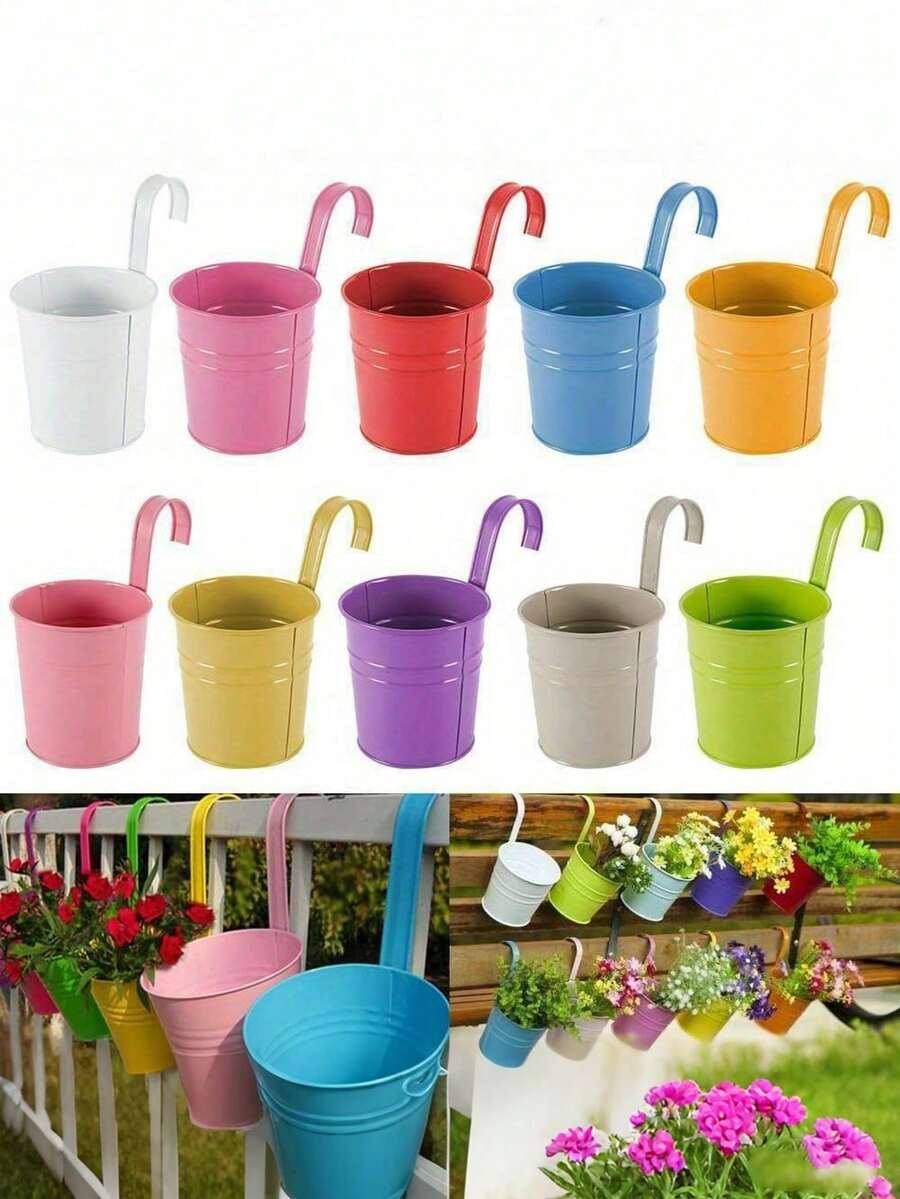 Hanging Flower Pot, Metal Iron Art Mini Planter Fence Bucket Flower Pot Holder For Balcony Garden Plant, Suitable For Home Decor