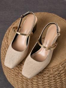 WHDXY 7cm Elegant Square Toe Chunky Heel Pumps, Shiny Apricot Color, Suitable For Party, Banquet, Wedding, Daily Wear - Apricot - View 3