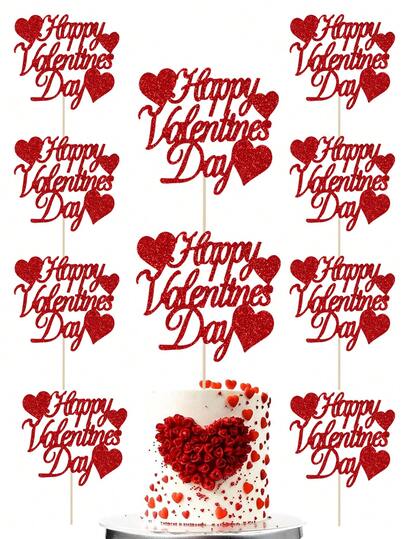 Set de 10 decoraciones para pastel con corazones grandes de color rosa brillante "Feliz Día de San Valentín", para decoraciones del Día de San Valentín