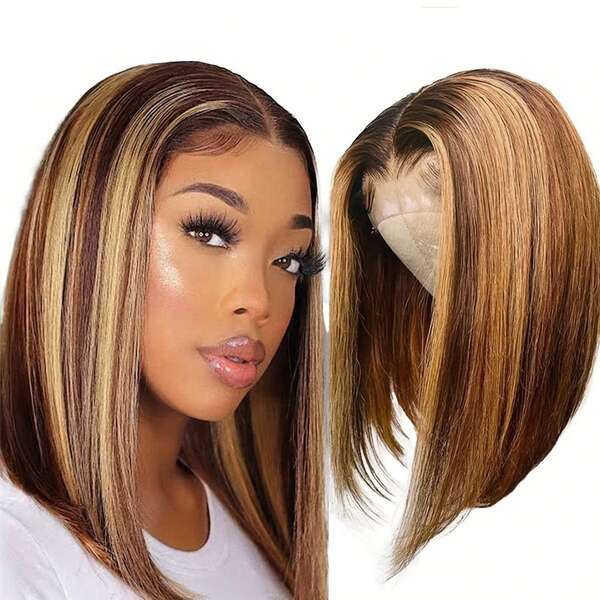 Peruca Bob Ombré de Cabelo Humano com Mechas Loiro Mel 4/27, Peruca Bob com Lace Front, Peruca de Cabelo Humano Pré-Desbastada com Fecho de Renda 4x4, Peruca de Cabelo Humano para Mulheres com Transição de Cor Gradiente com Mechas.