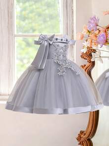 无袖花朵蝴蝶结网纱优雅连衣裙，适合女孩，适合生日派对，不含头饰 - 灰色 - 查看 2