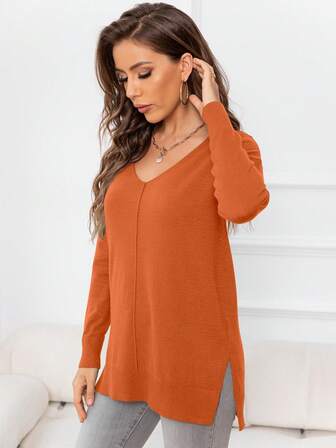 DEARCASE Women's V-Neck Solid Color Long Sleeve Loose Casual Pullover Sweater