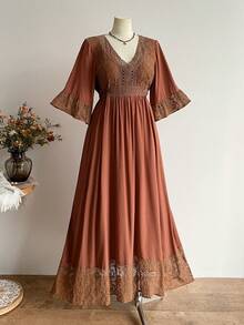 Rusttydustty Vestido bohemio de encaje con parches, cuello en V y mangas medianas, estilo vintage elegante, adecuado para uso casual, vacaciones, Año Nuevo, Día de San Valentín y otras ocasiones - Marrón - Ver 8