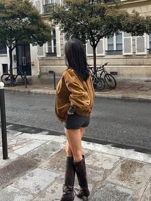 秋季新款女士优雅百搭日常外出翻领纽扣保暖街头棕色拉链外套 - 棕色 - 查看 7