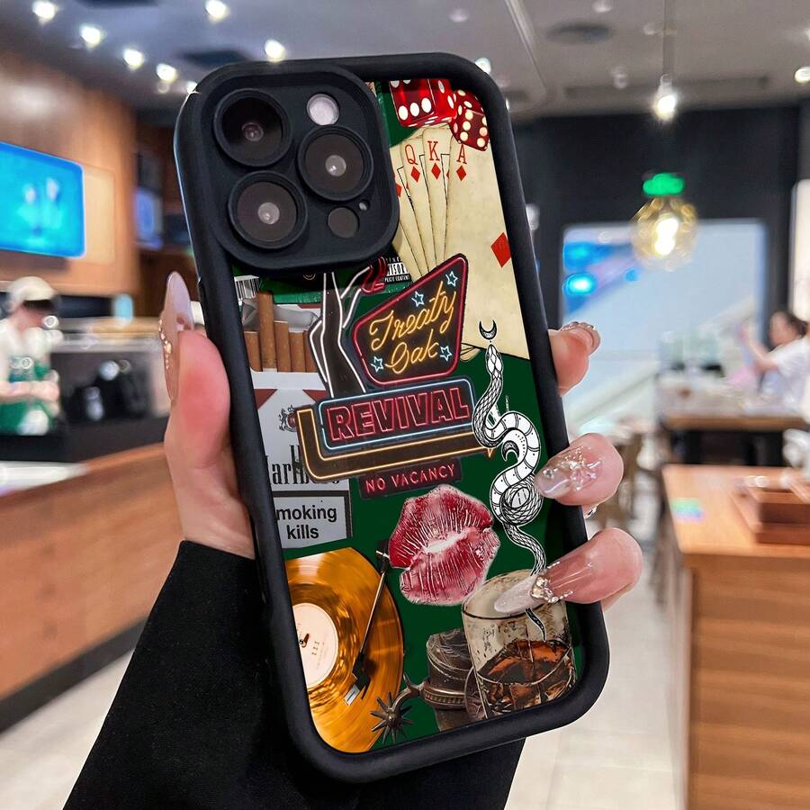 Retro Mobile Phone Case, Designed With Playing Cards And Vintage Vinyl Records, Suitable For IPhone 16, 15, 14, 13, 12 And 11 Pro Models, Made Of TPU Material, And Provides Shockproof Protection. Perfect For Family, Friends, Children, Birthdays, Spring, Holidays, Boyfriends, Girlfriends, And Valentine's Day Gifts - màu đen - Xem 1