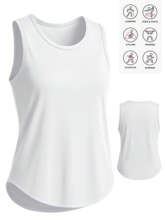 女士轻薄无袖运动训练背心，白色，透气、弹力舒适，适合健身房、力量训练、跑步、瑜伽等运动。