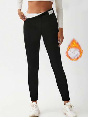 Women's Autumn-Winter New Style Letter Embroidered Thermal Lined Knitted Slim-Fitting Base Layer Tights