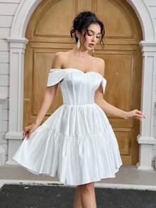YUMIBRAVO Balletcore Off The Shoulder Wedding Dress Bride White Dresses For Women, Ball Gown Dress Short Prom Dress, Satin Wedding Dresses For Bride Birthday Women Outfits, Perfect For Classic Weddings, Graduation Dress, Party Dress
