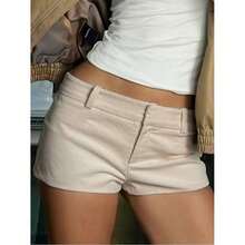 Pantalones cortos de pana de talle bajo para mujer - Diseño acanalado de moda de invierno en color marrón - Beis - Ver 2