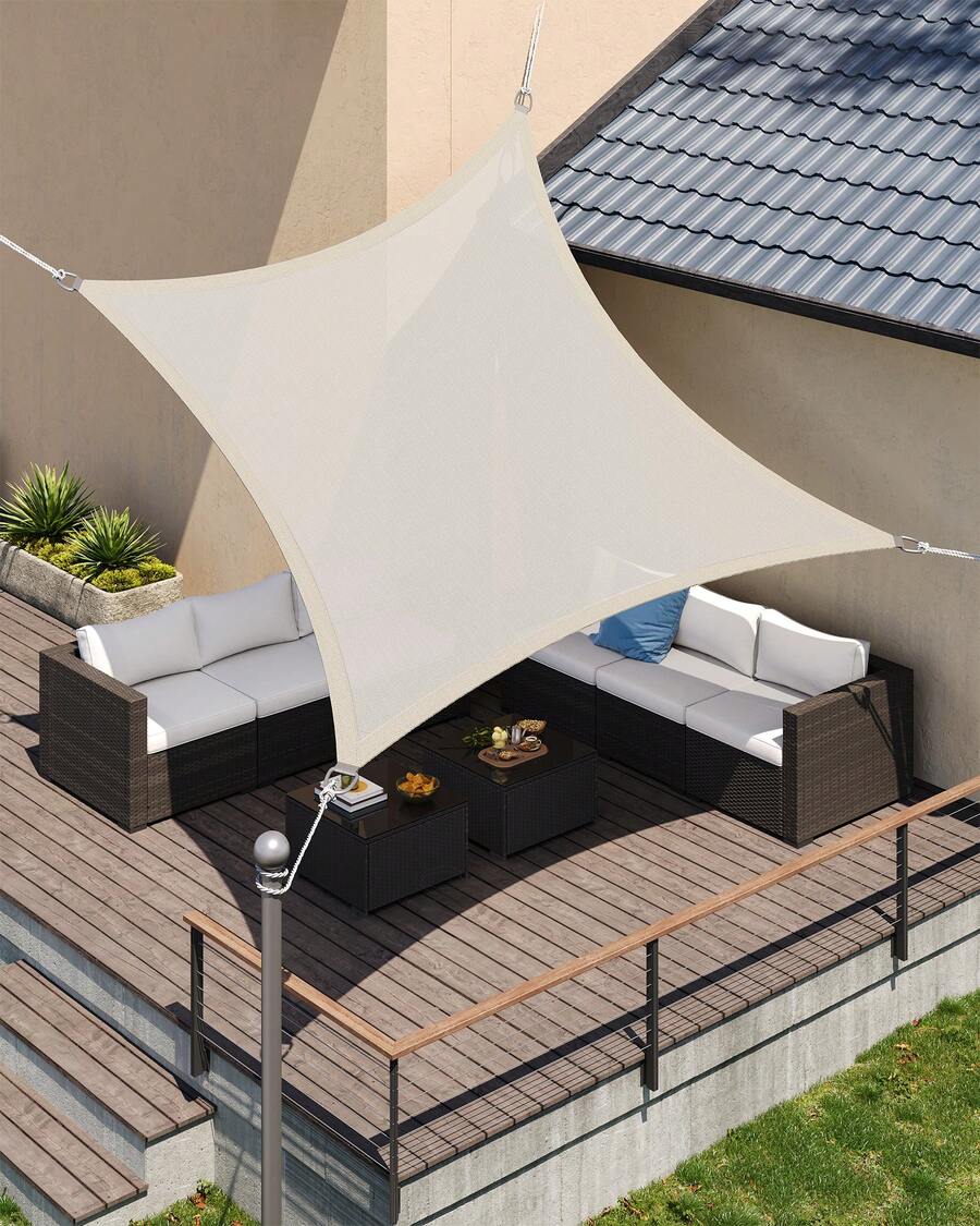 Vela de Sombra de 3 x 3 m, Tejido HDPE de Protección Solar, Transpirable, Permeable al Agua, Terraza, Jardín, Balcón, Camping, Cuadrada, Cóncava, Cuerdas de 2 m, Beige - Beige - Visualizzare 1