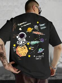 Envío dentro del país con entrega al día siguiente. Camiseta de cuello redondo y manga corta para hombres, nueva colección de verano, cómoda y transpirable, diseño versátil con corte amplio, ideal para crear looks casuales y adornada con estampados modernos y de moda. - Negro - Ver 1