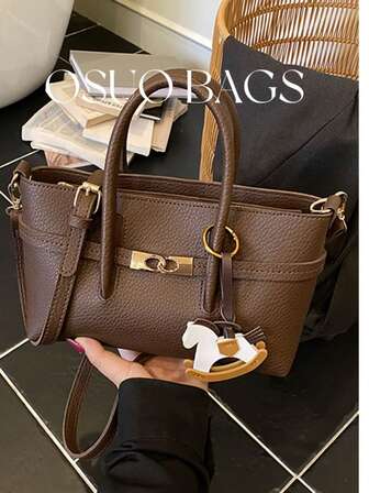 1 pieza Bolso bandolera cuadrado pequeño versátil de uso diario y viaje, con correa de cuero de poliuretano de grano de lichí de unicolor, decoración de cierre, estilo retro casual, incluye colgante