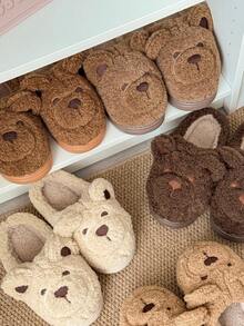 Women's Cute Bear Casual Fluffy Plush Thickened Bottom Slippers, Warm Indoor Couple Shoes For Autumn/Winter