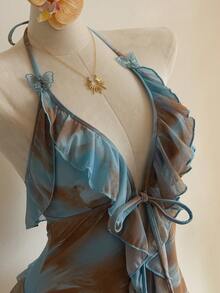 Women's Summer Random Print Ruffle Tie Front Triangle Bikini Top - Multicolor - View 2