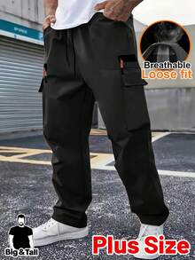 Plus Size Men's Loose Fit Outdoor Cargo Pants - Durable Polyester, Multi-Pockets, Faux Zipper Pockets, Lightweight & Breathable, Suitable For Hiking & Casual Everyday Wear - Black - View 2
