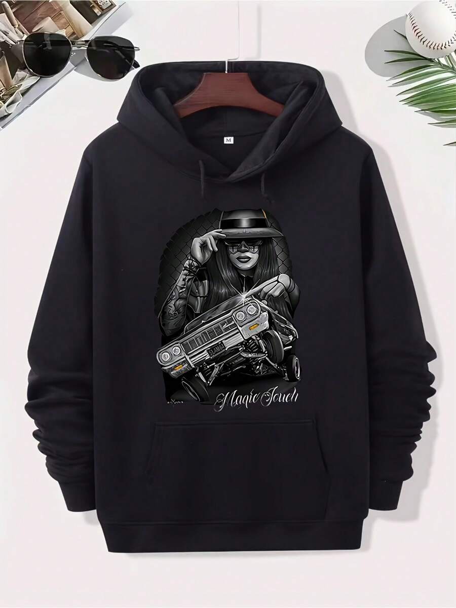 DGA D Gonzales Magic Touch Lowrider Chicano Art Design Street Fashion Style Casual Love Enthusiast Hoodie Men's Comfortable Cotton Crew Neck Long Sleeve - Black - View 1