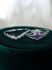 1 Set S925 Sterling Silver Square CZ Wedding Rings, Unisex Rings, Inlaid Purple Cubic Zirconia, Geometric Stackable Couple Jewelry - Multicolor - View 7