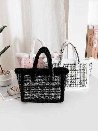Women's Plush Handbag Shoulder Bag, Autumn/Winter New Fashionable Elegant Cute Tote Bag, Houndstooth Patchwork Faux Fur, Large Capacity One Shoulder Bag, Adjustable Strap, Perfect Gift For Women's Casual Outings And Daily Use