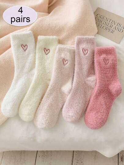 4 双（随机搭配）女士蓬松心形中筒袜，超厚柔软舒适，适合秋冬季，情人节和圣诞节的理想礼物