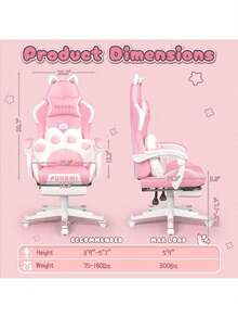 Pink Gaming Chair For Girls With Cat Paw Lumbar Cushion & Cat Ears, Ergonomic Reclining Computer Chair With Footrest & Headrest For Kids & Adults - 白色 - 查看 3