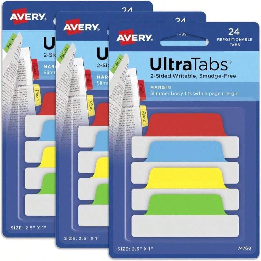Avery Margin Ultra Tabs, 25" X 1", 2-Side Writable, Assorted Colors, 24 Repositionable Page Tabs (74768) - ColorA - 查看 1