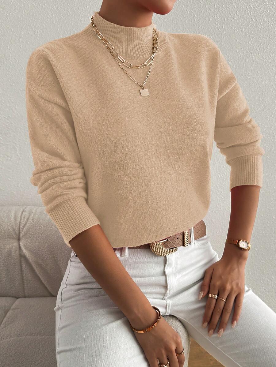 Plus Size Solid Color Stand Collar Knit Sweater - Khaki - View 1