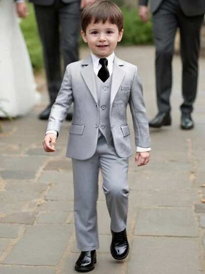 4pcs Boys Suit Set, Toddler Tuxedo Formal Wear, Ring Bearer Outfit, Wedding Suit Jacket, Vest, Pants, Tie, Children Formal Suit, Light Gray, Size 3-10 Years