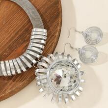 1 Set Exaggerated Multi-Layer Handmade Aluminum Wire Woven Beaded Artificial Crystal Vintage Chic Bohemian African Korean Middle Eastern Party Holiday Beach Artificial Crystal Necklace Earrings - Silver - View 2