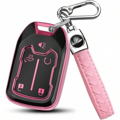 DFT FUNTOR 5 Buttons Key Fob Cover With Leather Keychain For GMC Premium TPU Case For Acadia Tahoe Terrain Sierra Sierado 2500HD 3500HD Pink