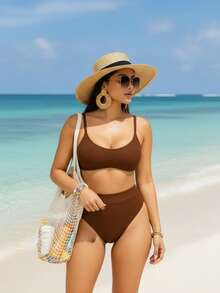 Half-Cup Bikini With Padded Cups, High-Waisted Bottoms, Ribbed Textured Hotpants, High Waistband, Double String, Comfortable, Casual, Elegant, Sensual, Boho Style. Features Include: Asymmetrical Tie Detail, Bare Back, Back Knot Detail, Braided Detail, Padded, Textured, 2-In-1 Design, Double Waistband, High Cut. Suitable For: Beachwear, Pool, Lake, Reservoir, Country House, Farm, Waterfall, Park, Water Park. (Note: The Last Line Appears To Be A List Of Unrelated Keywords And Doesn't Translate Directly. It's Likely A Placeholder Or Error.) - Rỉ Nâu - Xem 4