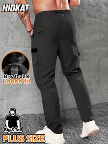 Hidkat 加大码男士户外工装裤 - 耐穿宽松版型，多口袋设计，弹性腰带带腰带环，轻便透气，适合徒步、露营和休闲穿着，黑色春季款 - 黑色 - 查看 4