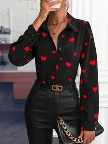 加大码女士心形印花修身长袖衬衫，情人节服装 - 黑色 - 查看 1