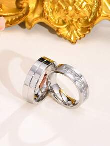 Two Stylish Engraved Stainless Steel Silver Couple Rings, Perfect For Weddings, Birthdays, And Personalized Names. Suitable For Men And Women, With Inner Band Engraving. Also Ideal For Anniversaries, Couples, Valentine's Day, Christmas, And More. Perfect For Occasions Such As Valentine's Day, Mother's Day, Birthdays, Graduations, Father's Day, Weddings, Everyday Wear, Parties, And Dances. A Casual And Fashionable Street Style - Style 3 - View 32