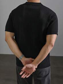 Men's Summer Ribbed Polo Knit Short Sleeve Shirt - Black - View 2