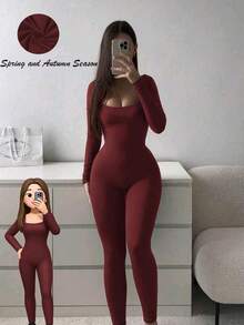 Black U-Shaped Neck And Long Sleeve Jumpsuit Suitable For Spring And Autumn - Burgundy - View 3