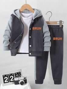 2pcs/Set Young Boy Slogan Print Hooded Single-Breasted Jacket And Casual Pants Set - Dark Grey - View 2