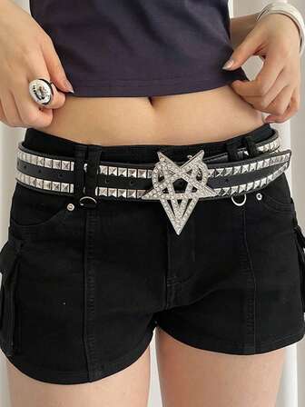 1件装女士朋克铆钉腰带，星形水钻哥特式Y2K铆钉皮革腰带，时尚百搭复古腰部配饰