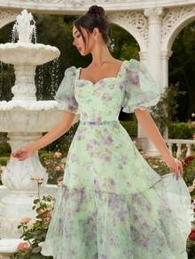 VIPGIRL Off-Shoulder Floral Print Mesh Waist Elegant Women Evening Gown - Green - View 6