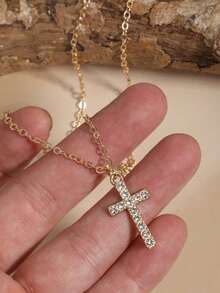 Vintage Gothic Style Rhinestone Cross Necklace, Fade-Resistant, Fashionable Unisex Hiphop Chain Necklace - Yellow Gold - View 3