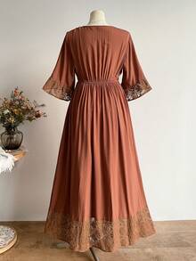 Rusttydustty Vestido bohemio de encaje con parches, cuello en V y mangas medianas, estilo vintage elegante, adecuado para uso casual, vacaciones, Año Nuevo, Día de San Valentín y otras ocasiones - Marrón - Ver 4