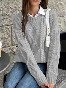 FOR BEAUTY Autumn And Winter New Round Neck Twisted Flower Long Sleeve Knitted Sweater Tops Women Loose Light Gray Simple Fashion Commuting Style Women's Sweater Light Gray Long Sleeve Casual Lazy Style Warm Top New Year