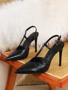 Tacones altos negros de fiesta para mujer, de unicolor, elegantes, con estampado de cocodrilo, correa de tobillo, puntera puntiaguda y tacón de aguja, versátiles para uso casual y de oficina - Negro - Ver 7